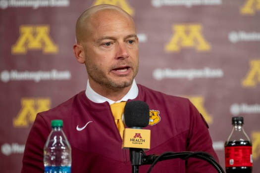 Minnesota head coach P.J. Fleck answers questions at a press conference after his team played Nebraska at an NCAA college football game Saturday, Oct. 16, 2021, in Minneapolis. (AP Photo/Bruce Kluckhohn)