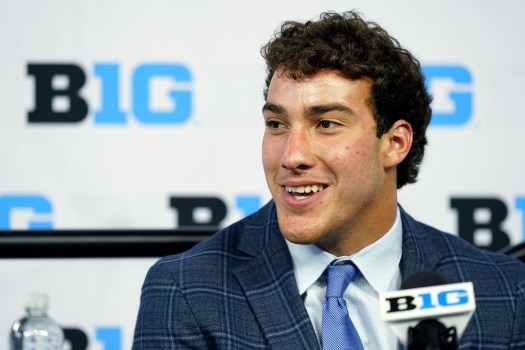 Minnesota linebacker Mariano Sori-Marin talks to reporters during an NCAA college football news conference at the Big Ten Conference media days, Tuesday, July 26, 2022, at Lucas Oil Stadium in Indianapolis. (AP Photo/Darron Cummings)