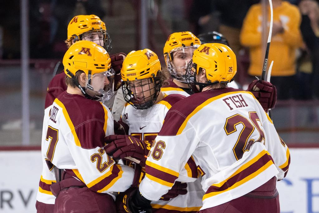 Gophers celebrate a goal by Rhett Pitlick in a game against Minnesota Duluth on Nov 3rd, 2023. Photo By: Brad Rempel